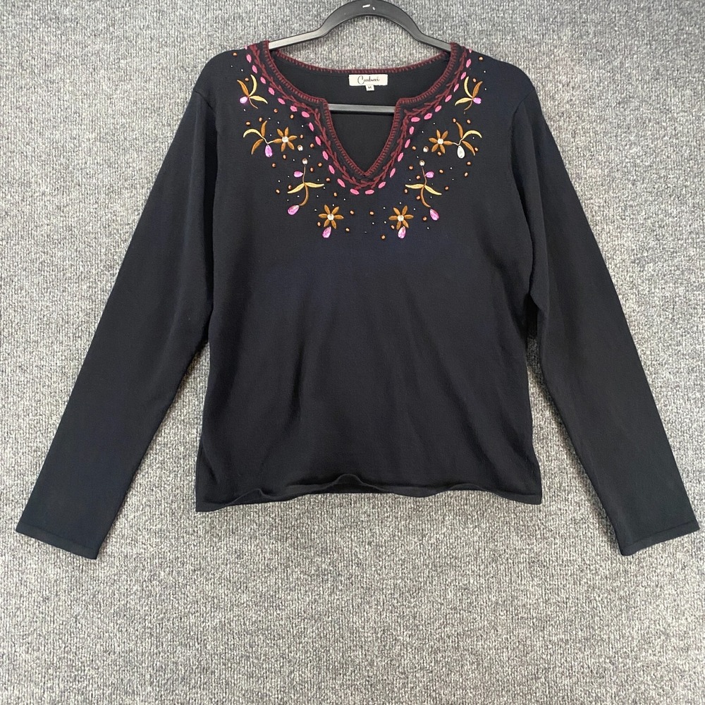 Vintage Carducci Sweater Womens M Black V-Neck Embroidered Beaded Boho Cottage